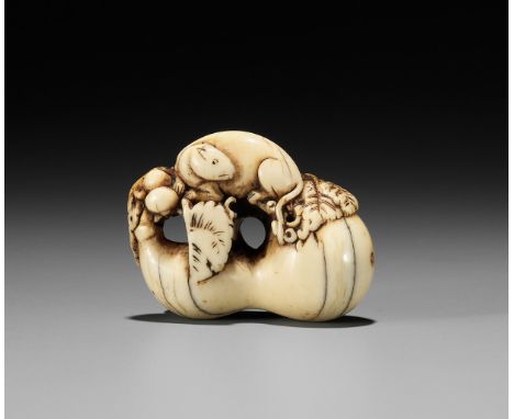 A RARE IVORY NETSUKE OF A DORMOUSE ON LEAFY GOURDUnsignedJapan, 18th century, Edo period (1615-1868)A beautifully worn, tacti