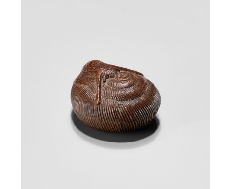 SARI: A FINE WOOD NETSUKE OF A SNAIL EMERGING FROM ITS SHELLBy Sari, signed Sari 左里Japan, Iwashiro, c. 1800, Edo period (1615