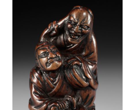 HOSHINSAI: A FINE EDO SCHOOL WOOD NETSUKE OF OMORI HIKOSHICHI ENCOUNTERING A DEMONBy Hoshinsai, signed Hoshinsai 法眞齋Japan, Ed