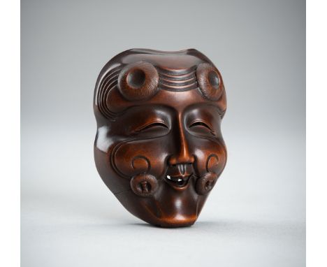 RYUKEI: A WOOD MASK NETSUKE OF OKINA (HAKUSHIKIJO), EDO PERIODBy Ryukei II, signed Ryukei 龍珪Japan, Edo (Tokyo), mid-19th cent