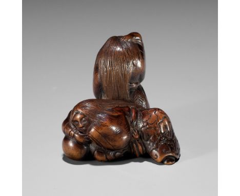 TSUNEYOSHI: A RARE NAGOYA SCHOOL WOOD NETSUKE OF TWO DRUNKEN SHOJOBy Tsuneyoshi, signed Tsuneyoshi 常美Japan, Nagoya, early to 