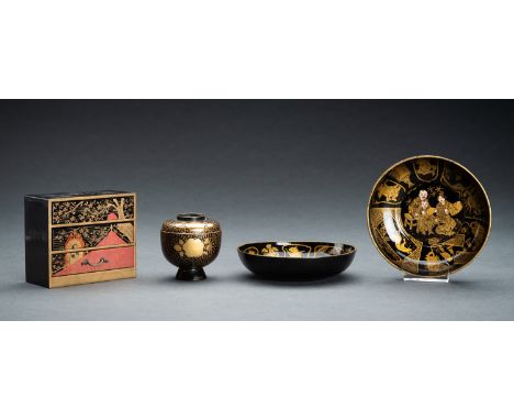 A LOT WITH FOUR SMALL LACQUER ITEMS, MEIJIJapan, Meiji period (1868-1912) The first a miniature kobako in the form of a cabin