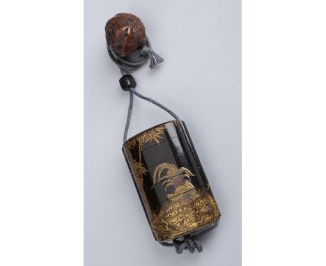 A LACQUER FIVE-CASE INRO DEPICTING A ROOSTER, HEN AND CHICKS AMID BAMBOO WITH A CARVED WALNUT NETSUKEUnsignedJapan, 18thcentu