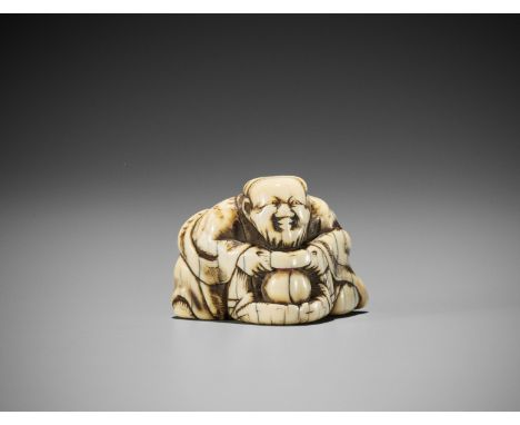 AN IVORY NETSUKE OF A SAGE WITH HOZUKIJapan, 18th century, Edo period (1615-1868)Of triangular form (sankaku), carved as a sa