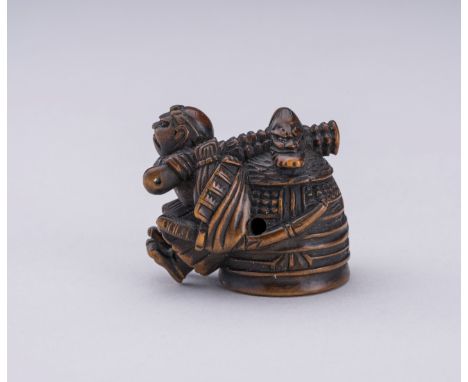 HIDEKAZU: A WOOD NETSUKE OF BENKEI CARRYING THE BELL OF MIIDERABy Hidekazu, signed Hidekazu 秀一Japan, Osaka, 19th century, Edo