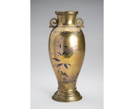 A FINE INLAID SENTOKU VASE WITH PEONIES AND BIRD, MEIJIJapan, Meiji period (1868-1912)Of baluster shape supported by a spread