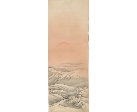'RISING SUN OVER THE OCEAN', AFTER HASHIMOTO GAHOJapan, Meiji period (1868-1912). Ink and watercolor on silk, attached to a p