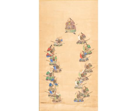 A SCROLL PAINTING OF THE SIXTEEN DIVINE GENERALS OF THE TOKUGAWA IEYASUJapan, 19th century Ink, gouache, and watercolors on s