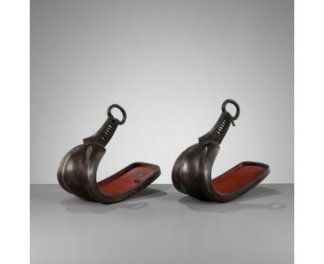 YOSHITSUGU: A PAIR OF GILT AND SILVER-INLAID LACQUERED IRON STIRRUPS (ABUMI)By Yoshitsugu, signed Yoshitsugu sakuJapan, 17th 