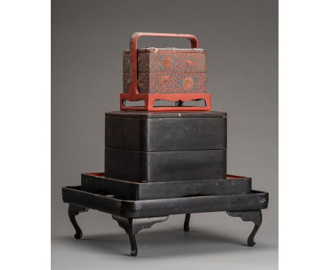 A GROUP OF LACQUER PICNIC ITEMSJapan, Meiji period (1868-1912) and later. Comprising a two-tiered lidded jubako (picnic box) 