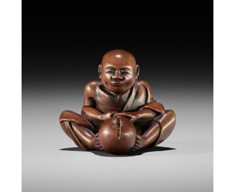 AN AMUSING EDO SCHOOL WOOD SHUNGA NETSUKE OF A MAN CUTTING A HYOTANUnsignedJapan, Edo (Tokyo), first half of 19th century, Ed