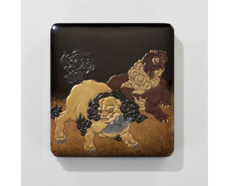 A LACQUER SUZURIBAKO DEPICTING SHISHI AND HOTEIJapan, 18th-19th century, Edo period (1615-1868)Of rounded rectangular form, b