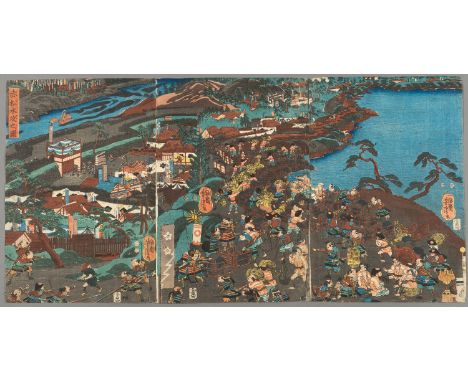 YOSHITORA: A TRIPTYCH OF FLOODING THE CASTLE OF AKAMATSUBy Utagawa Yoshitora, active around 1836-1887, signed IchimÃ´sai Yosh