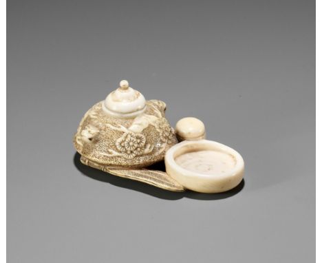 KIYOKATSU: AN IVORY NETSUKE WITH UTENSILS (CHADOGU) FOR THE TEA CEREMONY (CHANOYU)By Kiyokatsu, signed Kiyokatsu 清勝Japan, Kyo