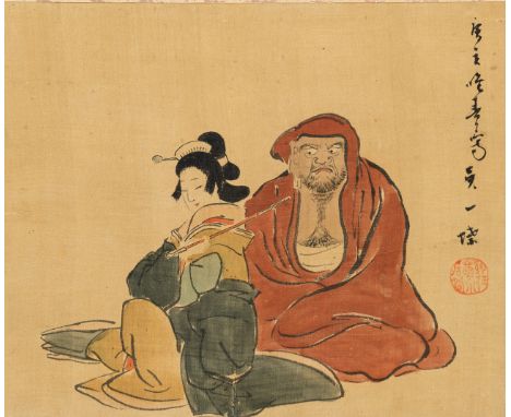 'DARUMA AND A BEAUTY', AFTER HANABUSA ITCHOJapan, 19th century, late Edo period (1615-1868). Ink and watercolor on silk, with