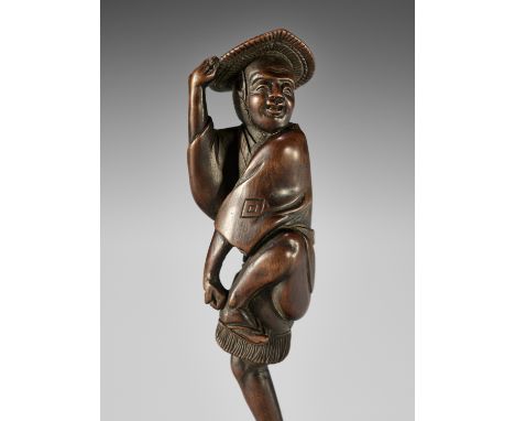 TOMOCHIKA: A SUPERB AND RARE WOOD NETSUKE OF A SPARROW DANCER (SUZUME ODORI)By Chikuyosai Tomochika I, signed Tomochika 友親Jap