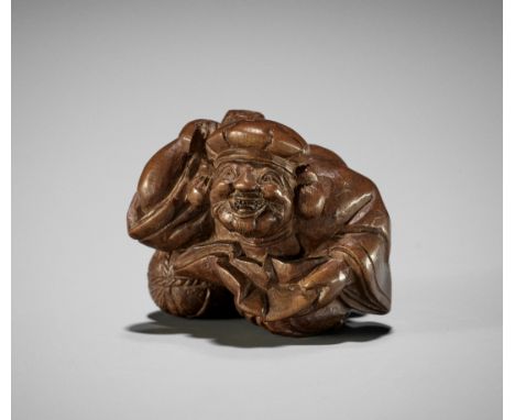 MINZAN: AN UNUSUAL WOOD NETSUKE OF DAIKOKU WITH UKIBORI DETAILSBy Minzan, signed Minzan 民山Japan, 19th century, Edo period (16