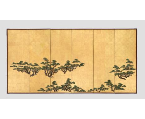 A FINE SIX-PANEL BYOBU SCREEN DEPICTING SNOW COVERED PINESJapan, 18th-19th century, Edo period (1615-1868)Masterfully painted