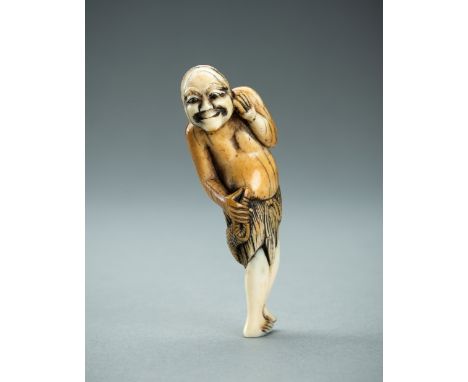 AN EARLY IVORY NETSUKE OF A FISHERMAN HOLDING A NET, 18th CENTURYJapan, 18th century, Edo period (1615-1868)The fisherman car