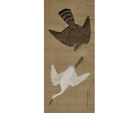 OOKA SHIHO: A FINE AND LARGE PAINTING OF A HAWK CHASING CRANE  By Ooka Shiho, signed and sealed by the artistJapan, c. 1830, 
