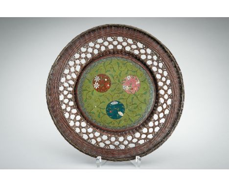 A CLOISONNE AND WOVEN METAL PLATE, MEIJIJapan, Meiji period (1868-1912) The shallow plate consisting of a central cloisonne p