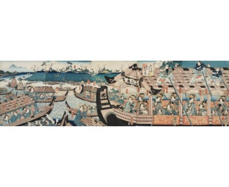 UTAGAWA KUNISADA II (1823-1880), PENTAPTYCH: COURTESANS OF THE HOUSE OF OWARIYA HIKOTARO VIEWING CHERRY BLOSSOMSBy Utagawa Ku