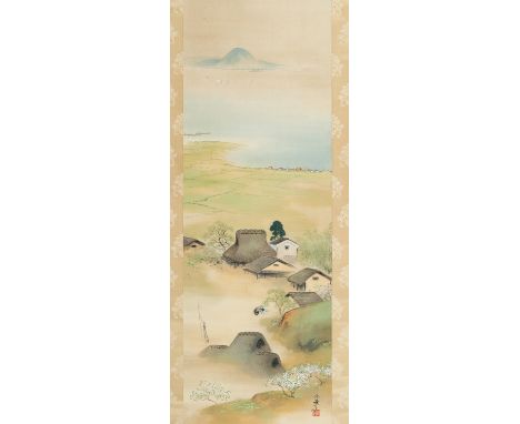 A SCROLL PAINTING DEPICTING A FARMER'S VILLAGE AND MOUNT FUJIJapan, first half of the 20th century.Painted on silk, with a si