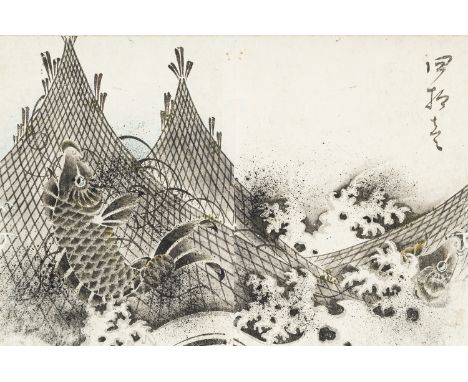 A SCROLL PAINTING OF CARPS, MEIJIJapan, Meiji period (1868-1912). Ink and watercolor on paper, with a fabric coated paper bor