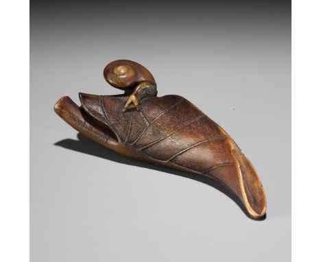 KANMAN: A RARE BUFFALO HORN NETSUKE OF A SNAIL ON A TARO LEAFBy Kanman (1793-1859), signed Iwami no kuni Kanman 石見国貫満to 刀 wit