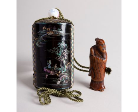 A THREE-CASE MOTHER-OF-PEARL SOMADA STYLE INRO WITH BOXWOOD NETSUKEJapan, 19th century, Edo period (1615-1868)Of upright rect