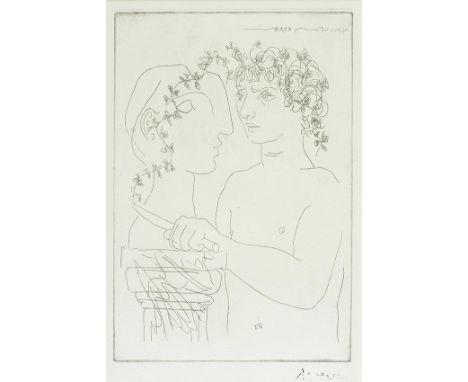 Pablo Picasso    Jeune sculpteur finissant un platre. Orig.-Radierung. Signiert. In der Platte datiert. 1933. Auf festem Véli