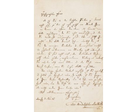 Felix Mendelssohn Bartholdy    Komponist, 1809-1847. Eigenhändiger Brief mit Unterschrift. (Leipzig), 'Donnerstag', 3. Novemb