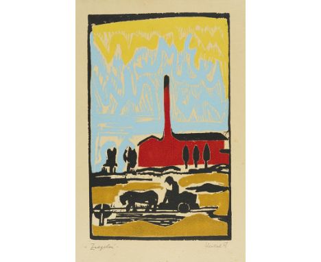 Erich Heckel    Die Ziegelei. Orig.-Farbholzschnitt. Signiert, datiert und betitelt. 1957. Auf festem, chamoisfarbenem Karton