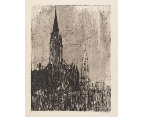 Emil Nolde    Petri- und Jacobikirche. Orig.-Radierung. Signiert und unten links bezeichnet 'Hamburg: Petri- u. Jacobikirche'