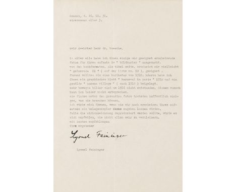 Lyonel Feininger    Maler, 1871-1956. Maschinenschriftlicher Brief mit eigenhändiger Unterschrift 'Lyonel Feininger'. Dessau,