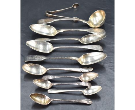 A group of mixed Georgian and later silver spoons, and sauce ladle, various designs ages and makers, gross weight 321grams.