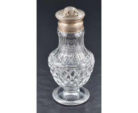 A George V silver topped and mounted cut-glass sugar sifter, the associated pierced pull-off cover with marks for Birmingham 