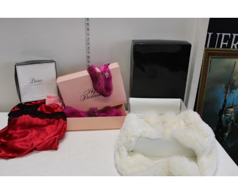 Three boxed pieces of Lingerie (La Perle Fur shrug 44 - Agent Provocateur 36DD &amp; Boux Avenue red slip night dress size 12