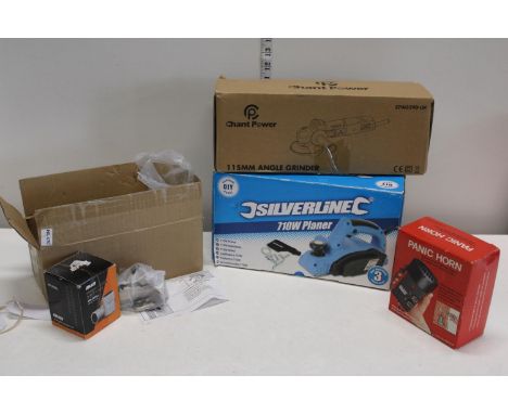 A boxed angle grinder &amp; qty of soft closing hinges, panic horn , planer etc 