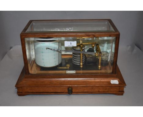A 20th century barograph weather station oak cased with bevel edged glass by R Atkinson of Lancaster