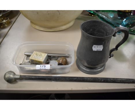 A mixed lot of items including a small oil can, coins,thermometer, Baton withvembosssed handle for Waterloo rifle brigade and