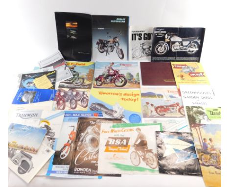 Motorcycle brochures and engine leaflets, including Royal Enfield, Triumph, BSA, and the Motorcycle Buyer's Guide 1957. (a qu