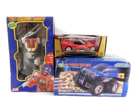 A Telitoy battery operated Millennium Robot, together with a Mega Motors radio controlled Landrover Freelander., and a Burago