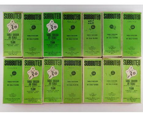 Fourteen boxes of Subbuteo OO scale teams, including two named for Liverpool and Queens Park Rangers.