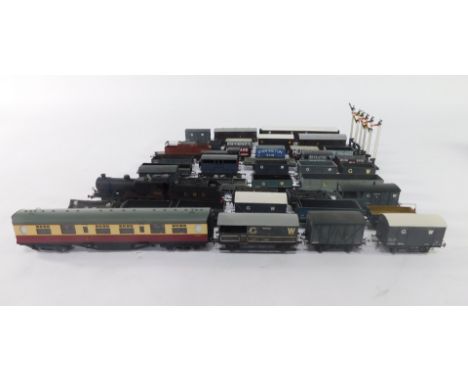 A Hornby OO gauge locomotive, LMS black livery, 4-4-0, 592, further engine, wagons, signals and a Bachmann Thompson composite