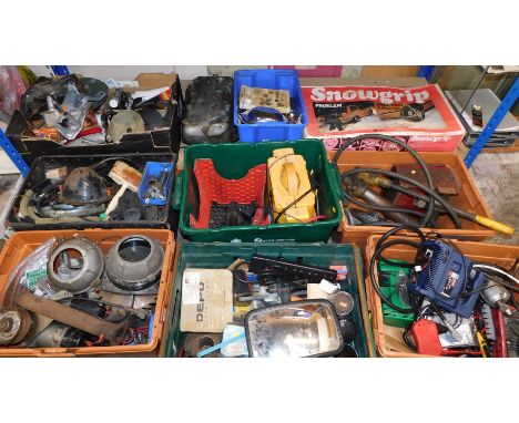 Assorted car and engine parts, tools, battery charger, snow grips, etc. (a quantity)