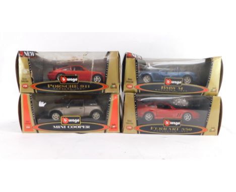 Four Burago Bijoux Collection die cast cars, 1:24 scale, comprising Mini Cooper., Porsche 911 Carrera (1997)., BMW M Roadster