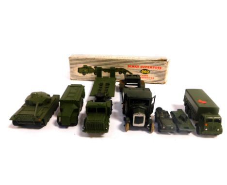 A Dinky Super Toys die cast model of a tank transporter, No 660, boxed., armored command vehicle 677., 10 ton army truck 622.