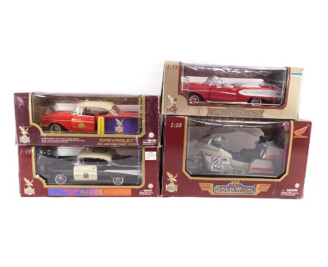 Three Road Legends die cast vehicles, comprising a Bel Air Police Chief Chevrolet 1957, scale 1:18., Bel Air Fire Chief 1957.