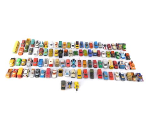 Lesney Matchbox Ertl and other die cast vehicles, play worn,  including Batmobile., Mickey Mouse in a fire engine., racing an